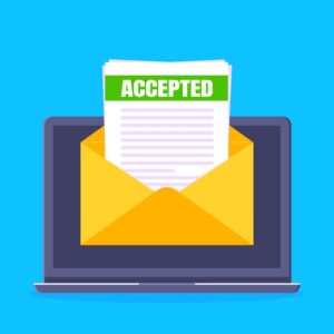 College or university acceptance letter with laptop screen, open envelope document email.