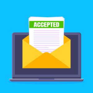 College or university acceptance letter with laptop screen, open envelope document email.